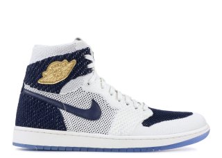 Air Jordan 1 High Flyknit "Jeter" Blanc Marine Or (ah7233-105)