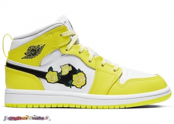 Air Jordan 1 "Mid Dynamic Jaune Floral" (Ps) Blanc Noir (AV5173-700)